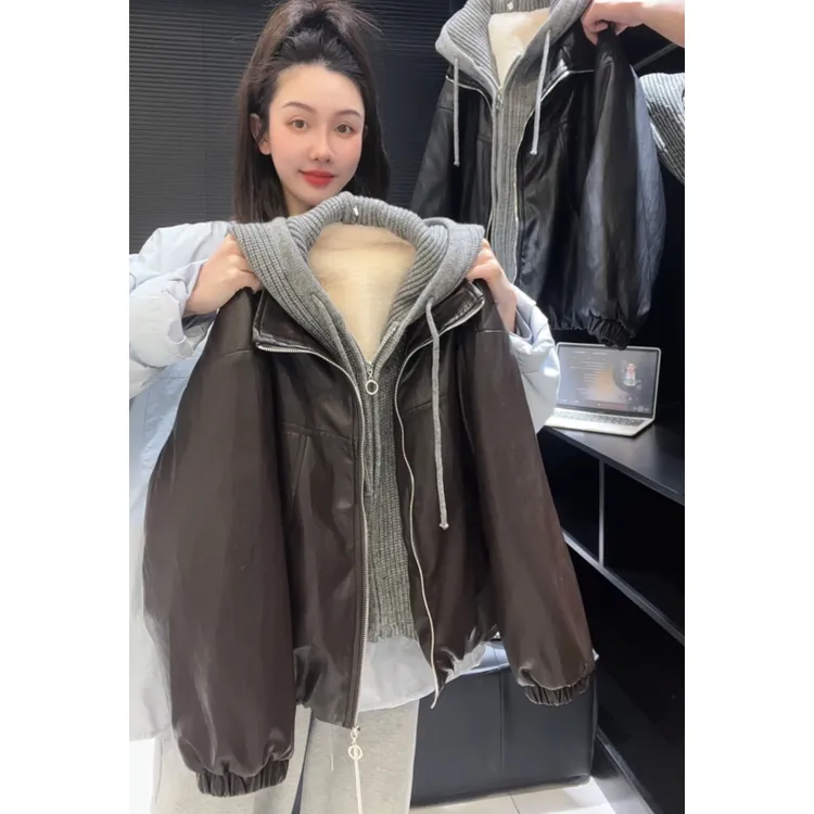 儿童假两件加绒皮夹克2025冬季新款潮酷男童女童加厚连帽外套棉衣