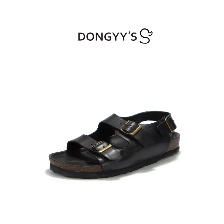 Dongyy's2025年新款夏季黑色双扣水洗马皮舒适百搭休闲勃肯凉鞋