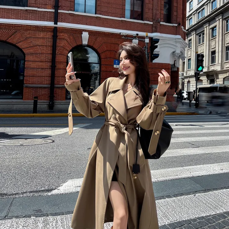 英伦风小个子女无袖风衣系带卡其色款中长款收腰风衣