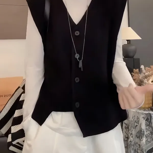 欧货黑色不规则针织马甲女秋季胖MM小众设计百搭背心马夹大码上衣