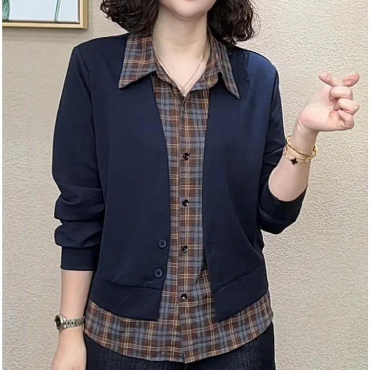 时尚显瘦设计拼接格子衬衫春秋季款假两件翻领开衫气质妈妈装上衣