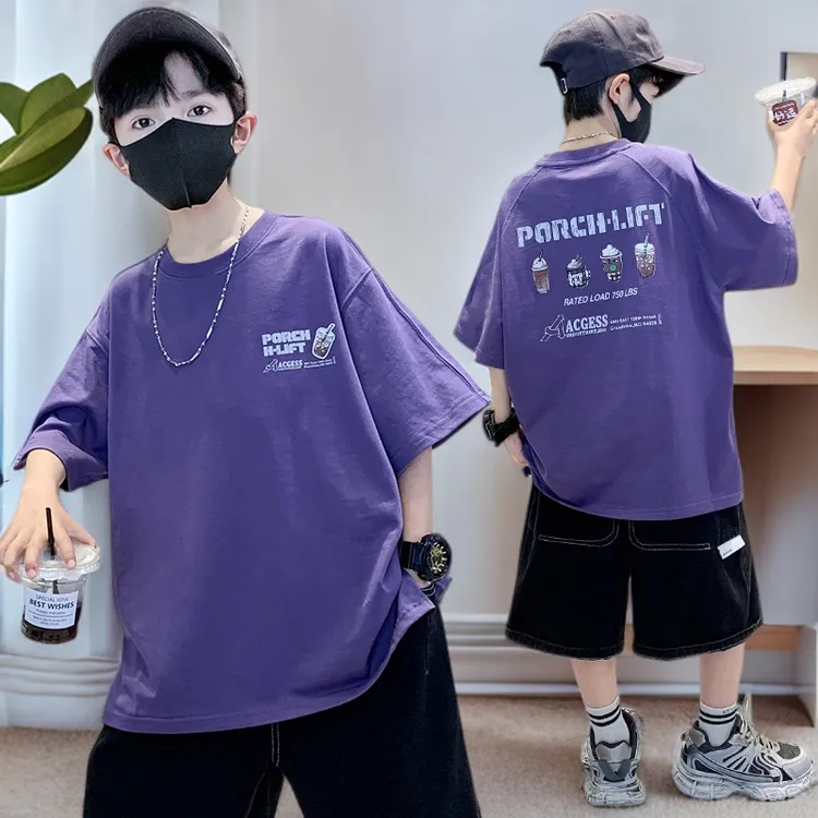 短袖男童休闲夏季宽松字母T恤薄款套装中大童宽松儿童装洋气半袖