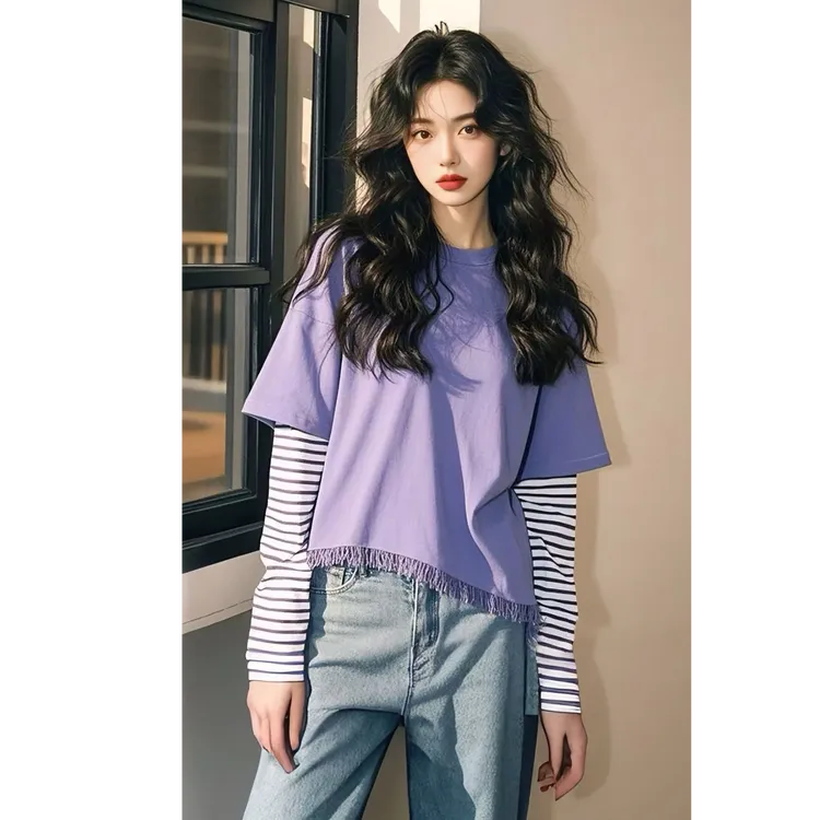 春季宽松显瘦打底衫内搭可外穿上衣高级感紫色拼接圆领长袖t恤女