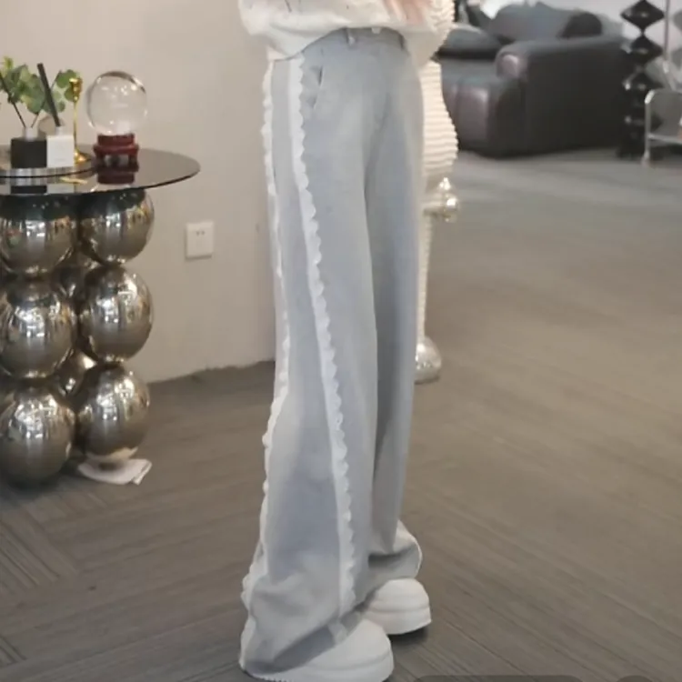 设计感拼接蕾丝花边休闲阔腿裤女2025春季新款高腰时尚百搭直筒裤