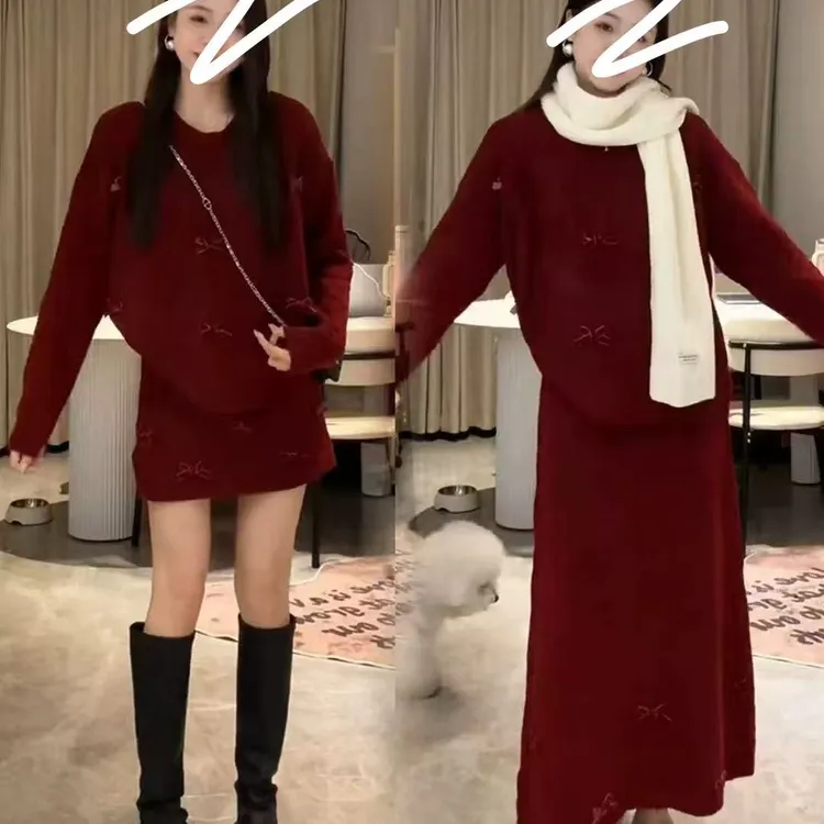 欧货秋冬2026胖mm甜美气质蝴蝶结时尚洋气上衣+裙子毛衣套装5256