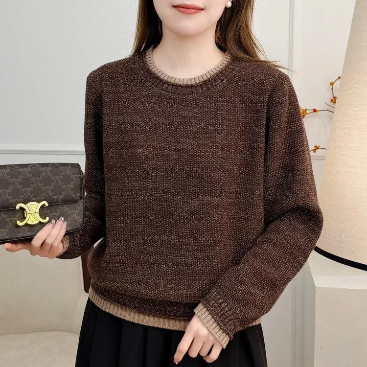 【100%纯棉】慵懒风极简圆领撞色休闲百搭时尚款棉线针织套头上衣