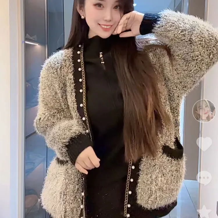 【遇见衣品】秋季小香风钉珠开衫外套亮丝绒毛衣慵懒风针织上衣女