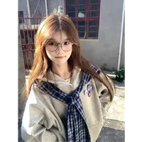 HandSeven美式格子披肩假两件2025重磅连帽卫衣推荐外套秋冬上衣