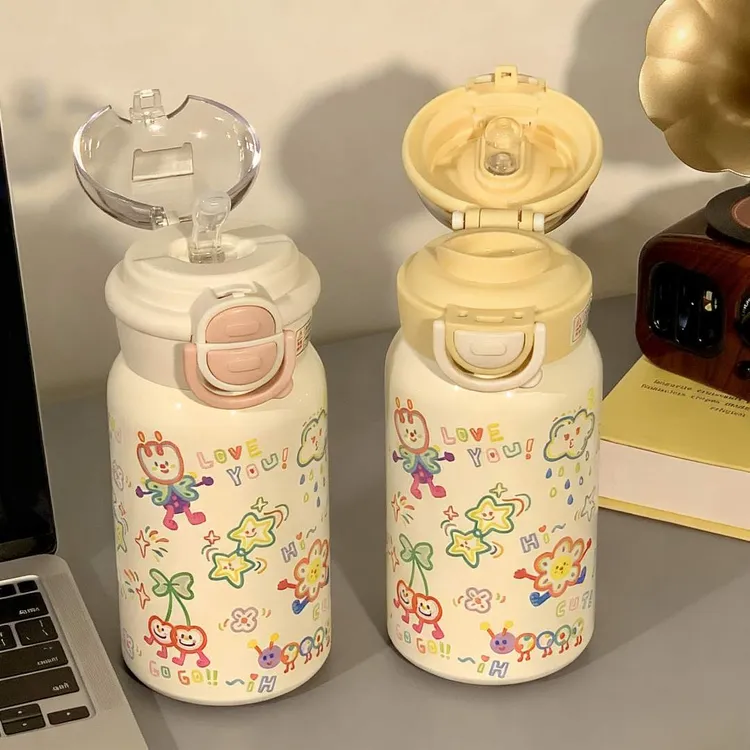 双饮保温杯女高颜值2025新款学生上学专用杯子可爱涂鸦吸管水杯