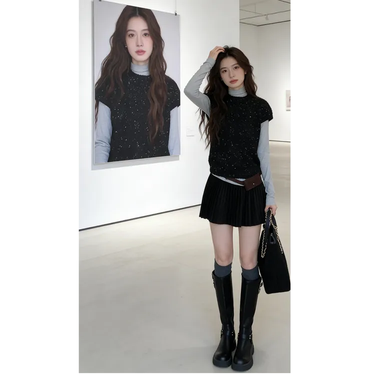 INS CEC韩系潮流针织毛衣叠穿内搭百褶半身裙春冬季时尚套装女