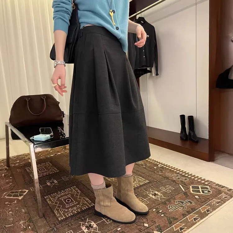 韩系毛呢花苞裙半身裙女中长款秋冬季新款高腰A字时尚显瘦半裙