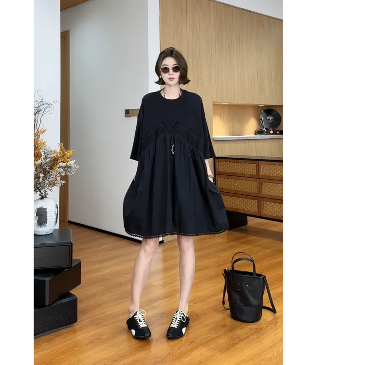 YYOUHAN 2025新款【漫性反应 】蕾丝拼接AB料显瘦连衣裙 2507C3982