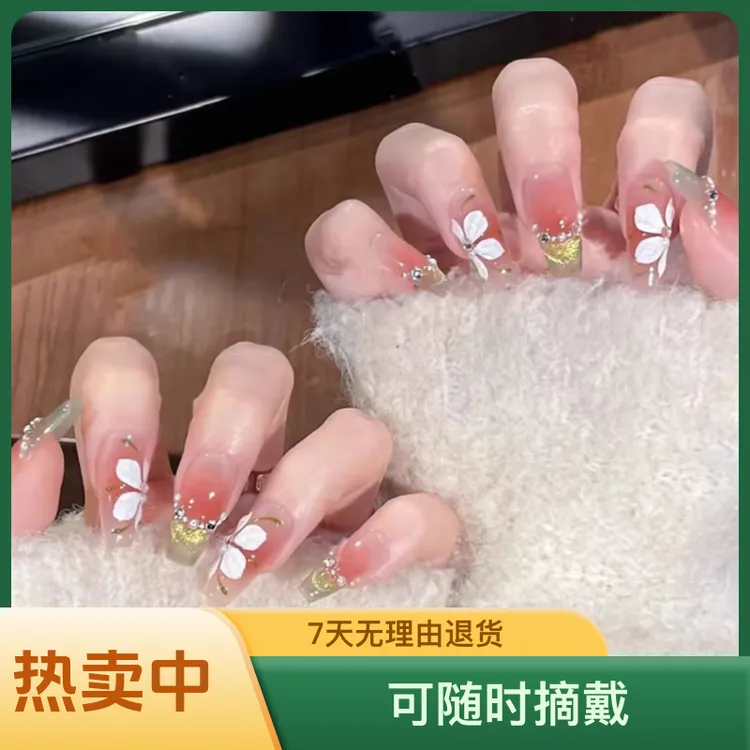 纯手工光疗穿戴甲绿精灵冰花穿戴甲樱花漫舞腮红温柔绿猫眼穿戴甲