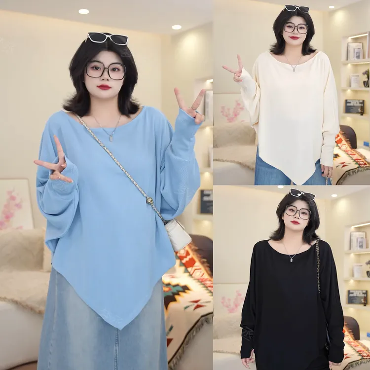 梦丞【青柠慕斯】大码女装慵懒风斜肩蝙蝠袖宽松冬季百搭长袖针织衫