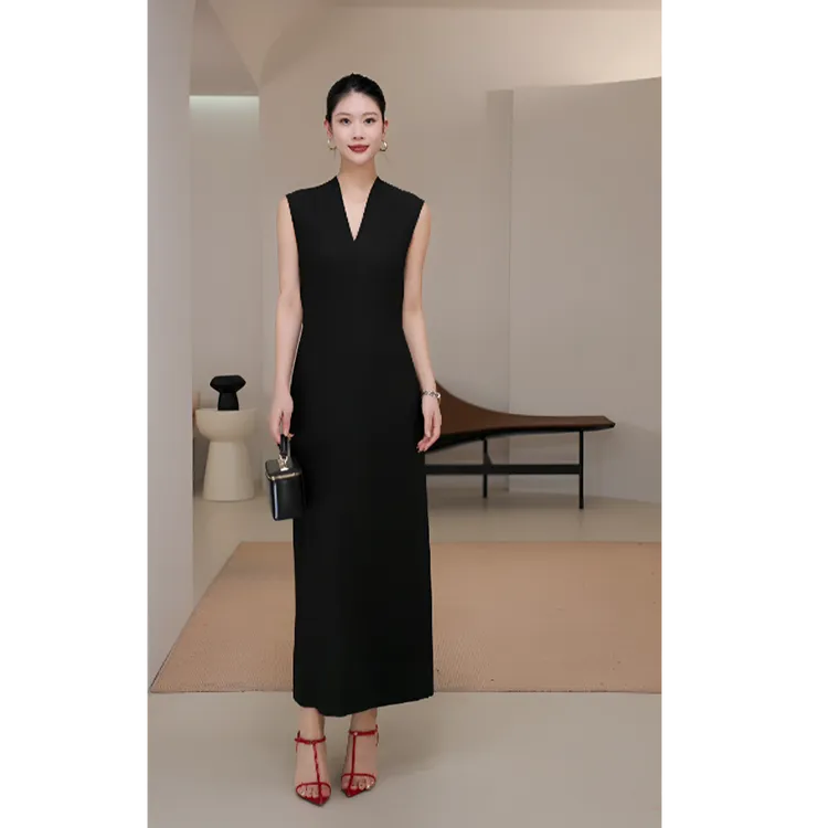 LYNEE  醋酸V领长裙纯色时尚休闲连衣裙 LGD2FSW323