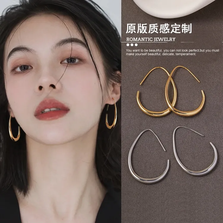 铜合金耳饰 复古金色水滴素圈耳环女时尚小众设计高级感气质耳饰
