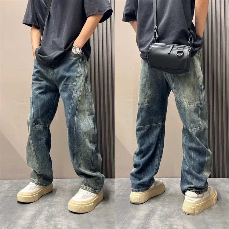 潮流设计感拼接裁剪阔腿弯刀长裤男2025秋冬新款痞帅渐变色牛仔裤