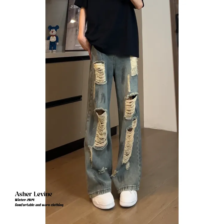 美式高街vibe破洞水洗牛仔裤男夏季高级感潮流百搭时尚宽松直筒裤