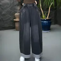 JJ松紧腰水洗翻边欧美风复古风夏季牛仔裤秋季宽松新复古风阔腿裤