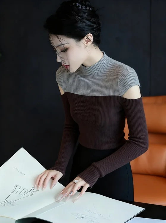 绝美巨好看早秋上衣女设计感小众气质高端掐腰咖色撞色针织打底衫