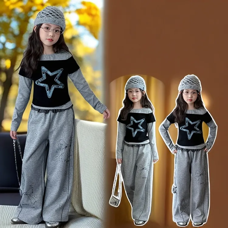 DP女童秋季套装2025新款韩版假两件上衣儿童中大童春秋印花裤两件