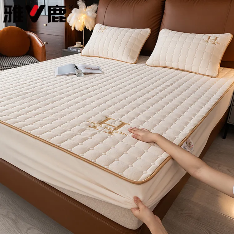 V/雅鹿牛奶绒床笠单件床罩加绒加厚床单榻榻米床垫保护套床套罩