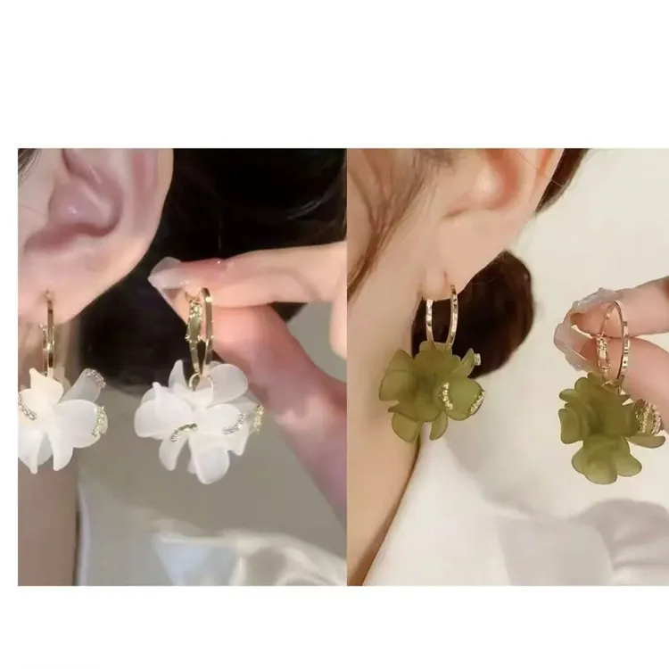恣睢 锌合金耳饰 R225韩版超仙绿色花朵气质甜美耳扣耳环