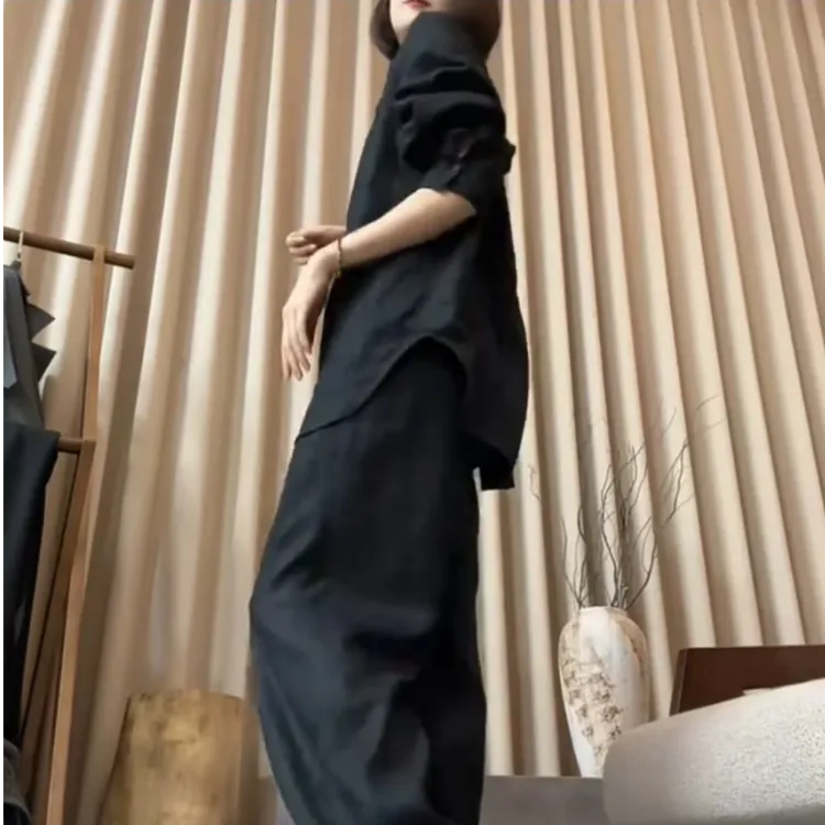 ZOUXIAOQI*新款亚麻慵懒夏季韩版宽松套装洋气黑色两件套显瘦气质