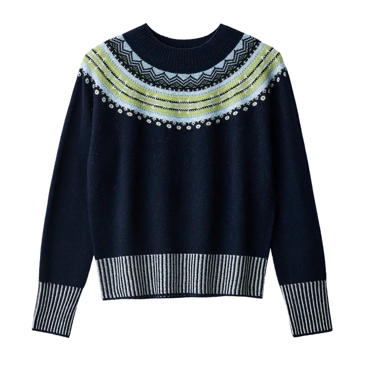 【100%绵羊毛】经典复古费尔岛提花保暖套头毛衣拼色设计感上衣