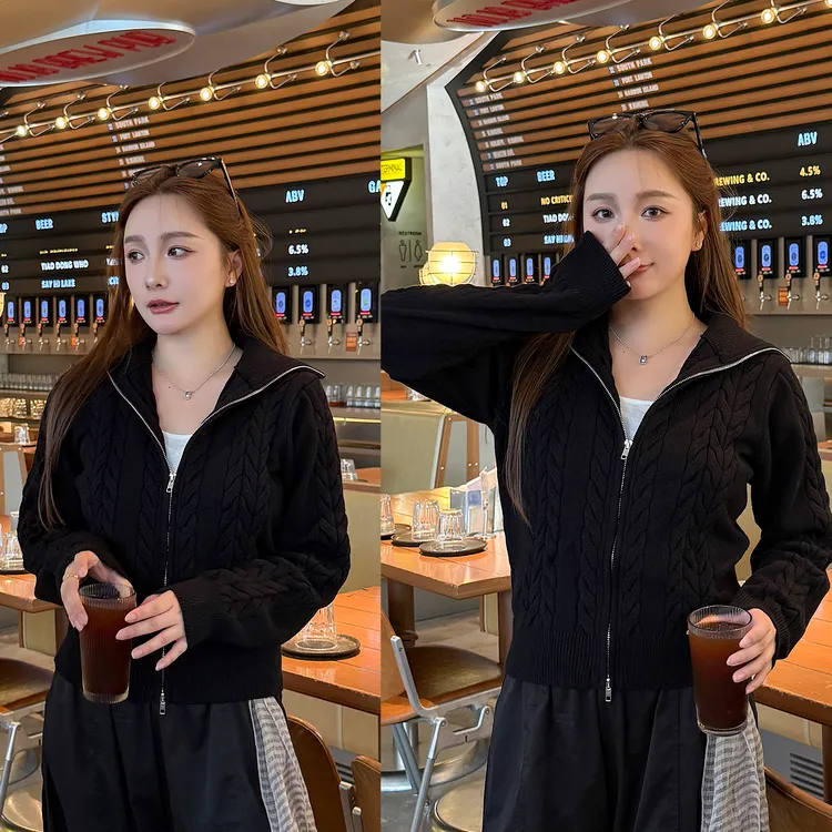 翻领麻花毛衣女秋装拉链外套针织开衫短款气质高级感显瘦修身上衣