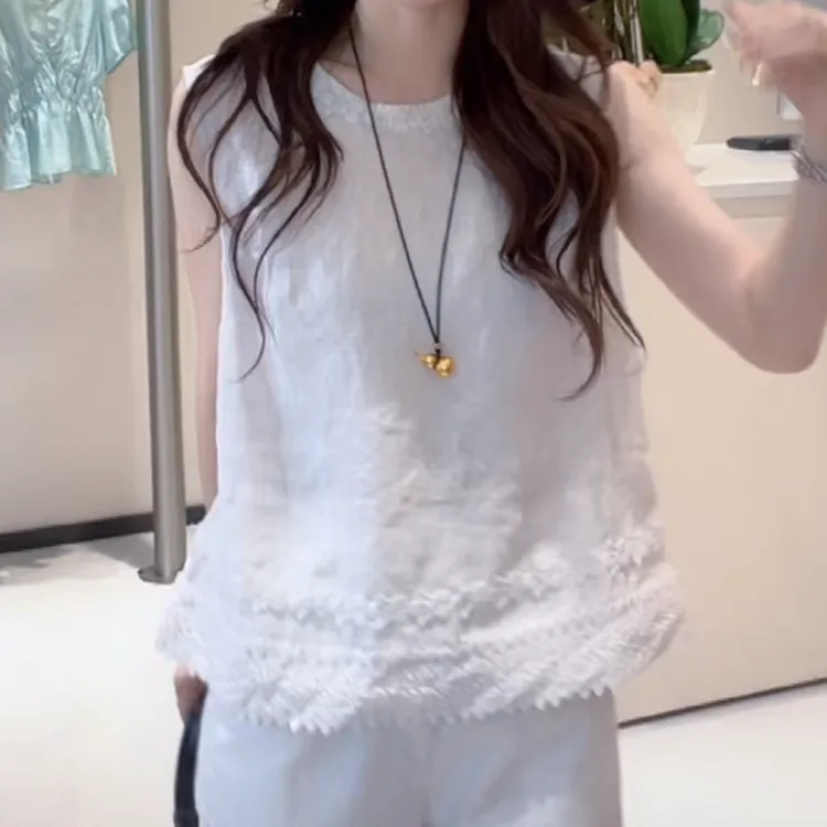 刺绣花边圆领无袖宽松百搭上衣中国风2025夏季新款时尚漂亮小衫女