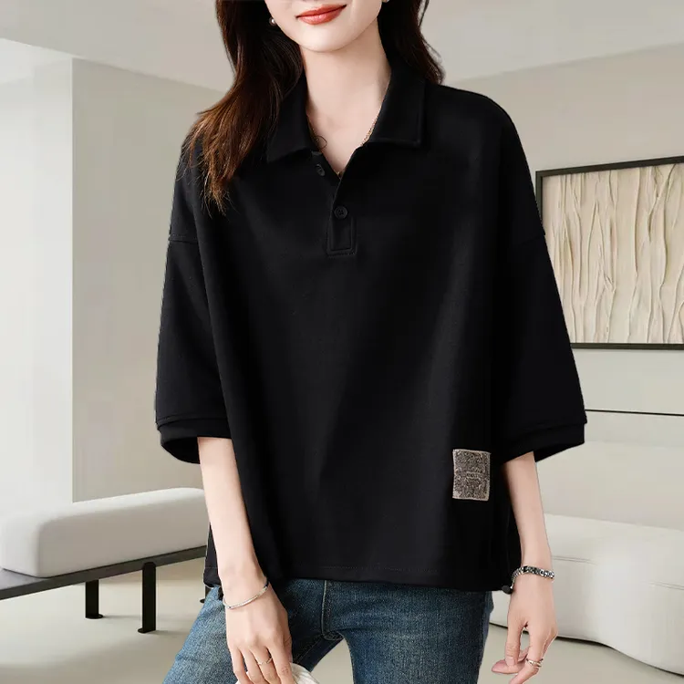 黑色翻领短袖t恤女2025夏季新款时尚宽松显瘦后背图案设计感上衣