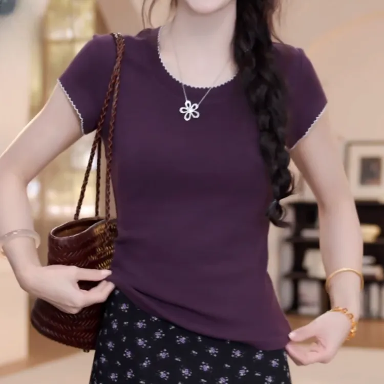 2025夏季新款纯色百搭牙齿边短袖针织T恤LK2504155