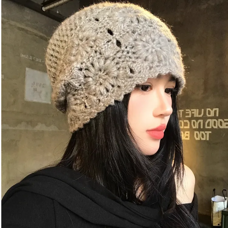 手工镂空针织包头帽女秋冬大头围显脸小手工编织冷大头围脸小毛线