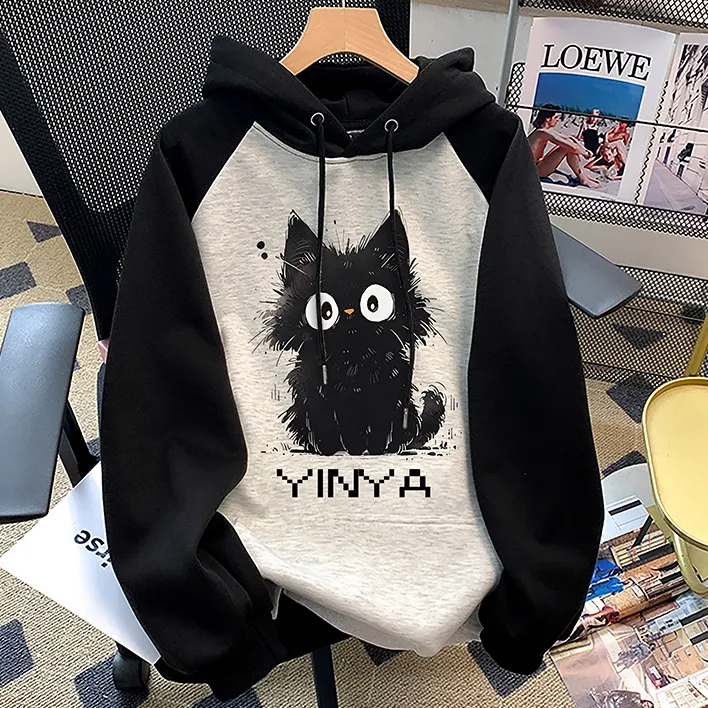 美式高街小猫印花拼接连帽卫衣女秋冬新款ins设计感宽松加绒上衣