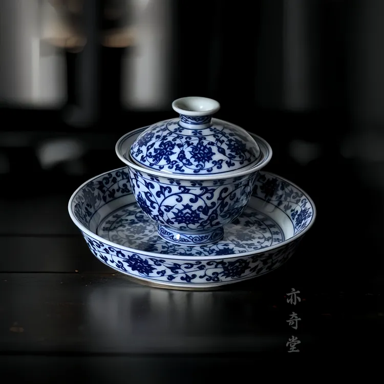 永乐青花三才盖碗复古陶瓷茶盖碗家用功夫茶具一人用不烫手喝茶