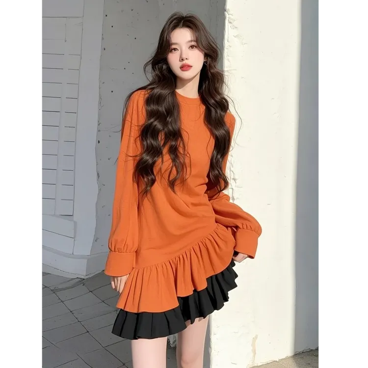 2025春季圆领套头荷叶边拼接高级感小众显瘦超好看橘色撞色连衣裙