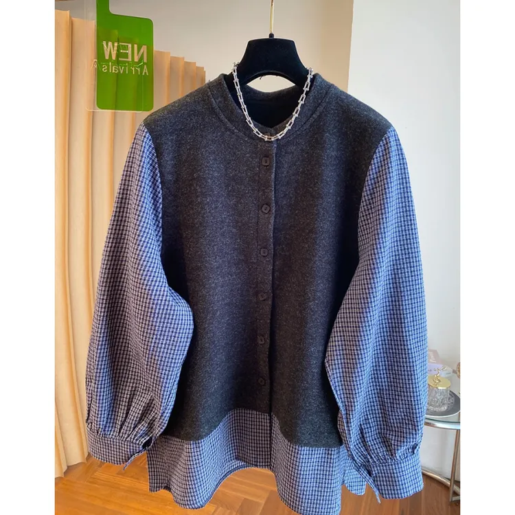 欧货设计感小众针织拼接格子衬衫女2025春新款宽松减龄假两件上衣