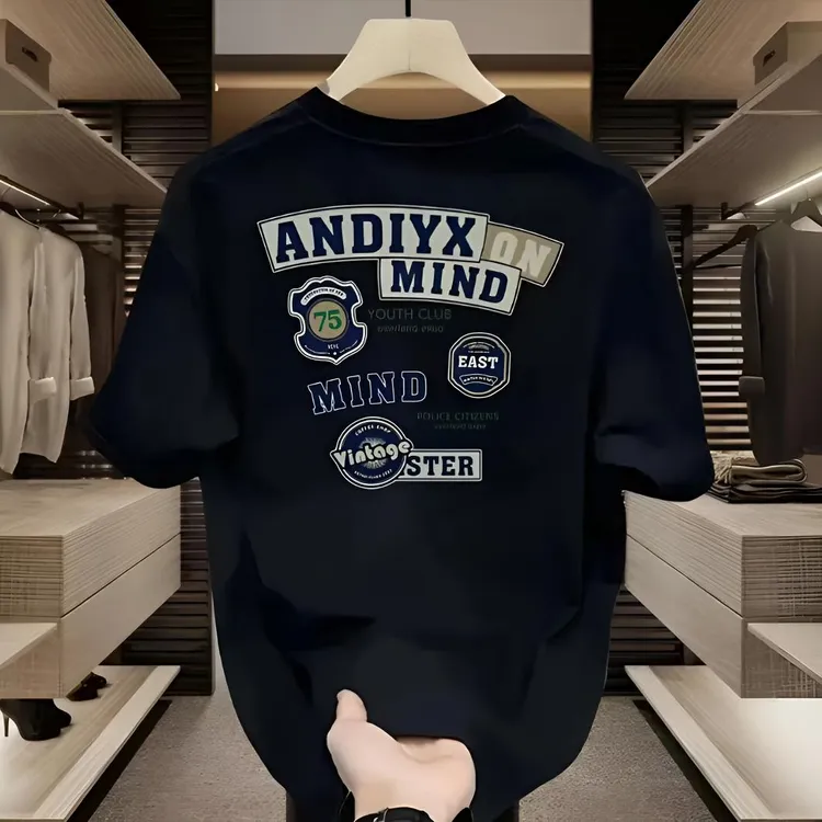 夏季男士短袖轻奢透气纯棉宽松印花圆领休闲半袖