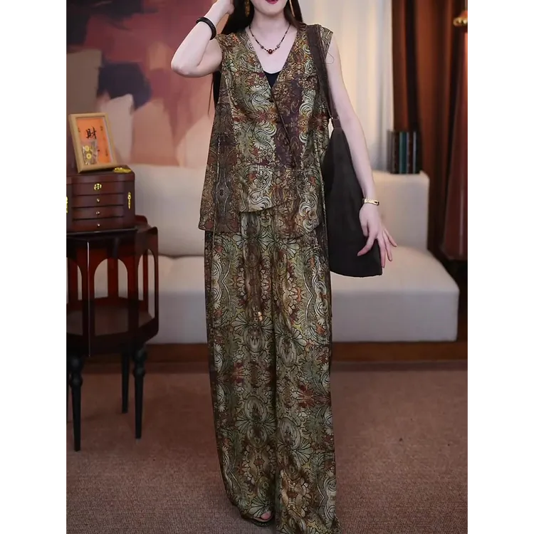 时尚民族风复古套装女2025夏季新款文艺范宽松显瘦马甲上衣+长裤