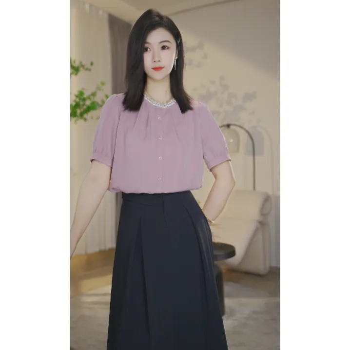 【小北甄选】欧若风8592120双色衬衫女气质时尚小众法式衬衣