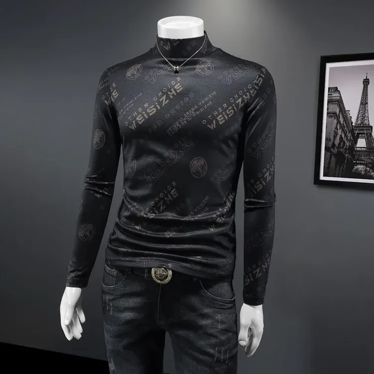 春秋男士t恤长袖打底衫保暖内衣半高领时尚百搭可外穿个性潮流男