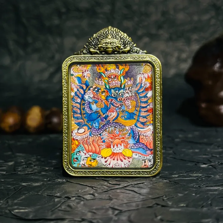 西藏真品纯手绘唐卡吊坠大威德金刚钛钢材质纯手工编织绳男女同款
