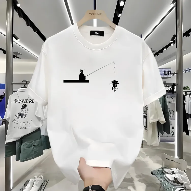 渔翁钓鱼人短袖t恤男夏季宽松印花圆领百搭重磅透气男士爆款