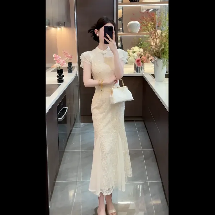 【云瑶】2025新款新中式蕾丝国风千金感连衣裙子女装收腰显瘦鱼尾裙