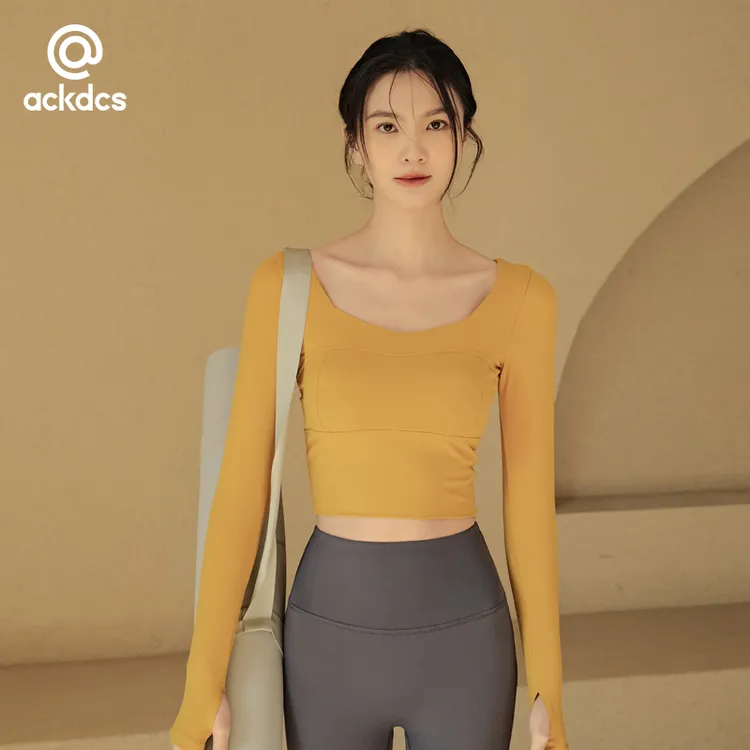 Ackdcs瑜伽服女秋冬长袖显瘦速干普拉提跑步运动上衣带胸垫健身服