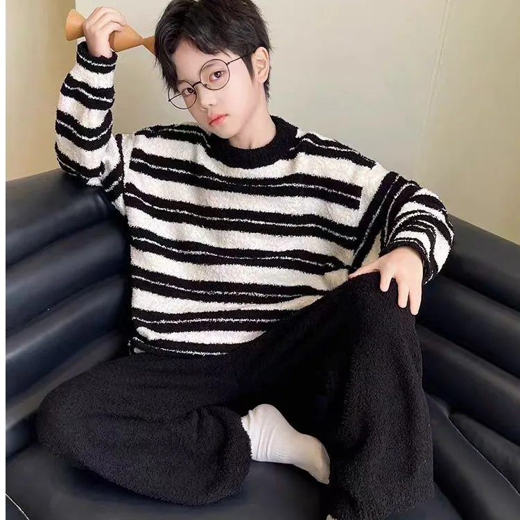 儿童睡衣套装半边绒秋冬季新款中大童洋气男女童加绒加厚两件套