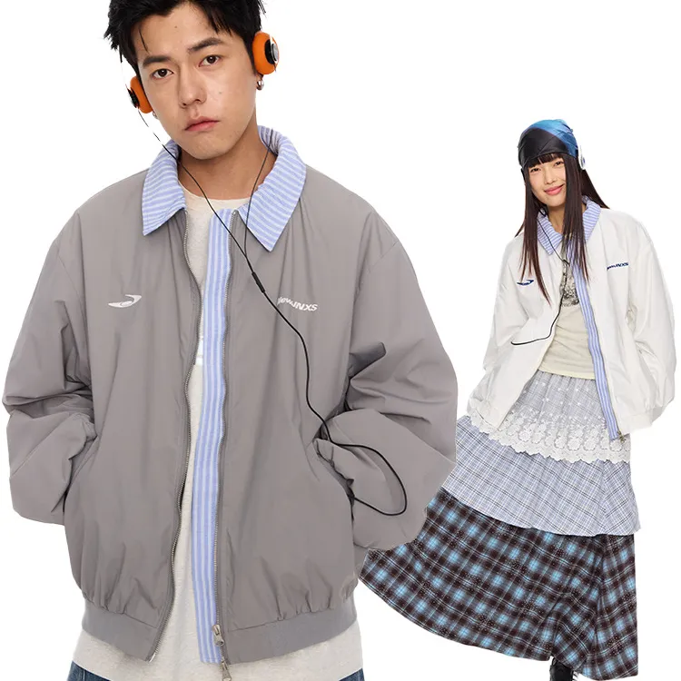 美式复古绣花假两件翻领棒球服春季春季美式翻领