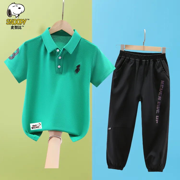 史努比男童短袖套装夏装2025新款洋气中大童男孩翻领polo衫两件套