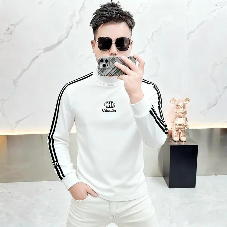 男士亲肤打底衫2025秋冬新款欧货修身半高领条纹字母徽章长袖T恤